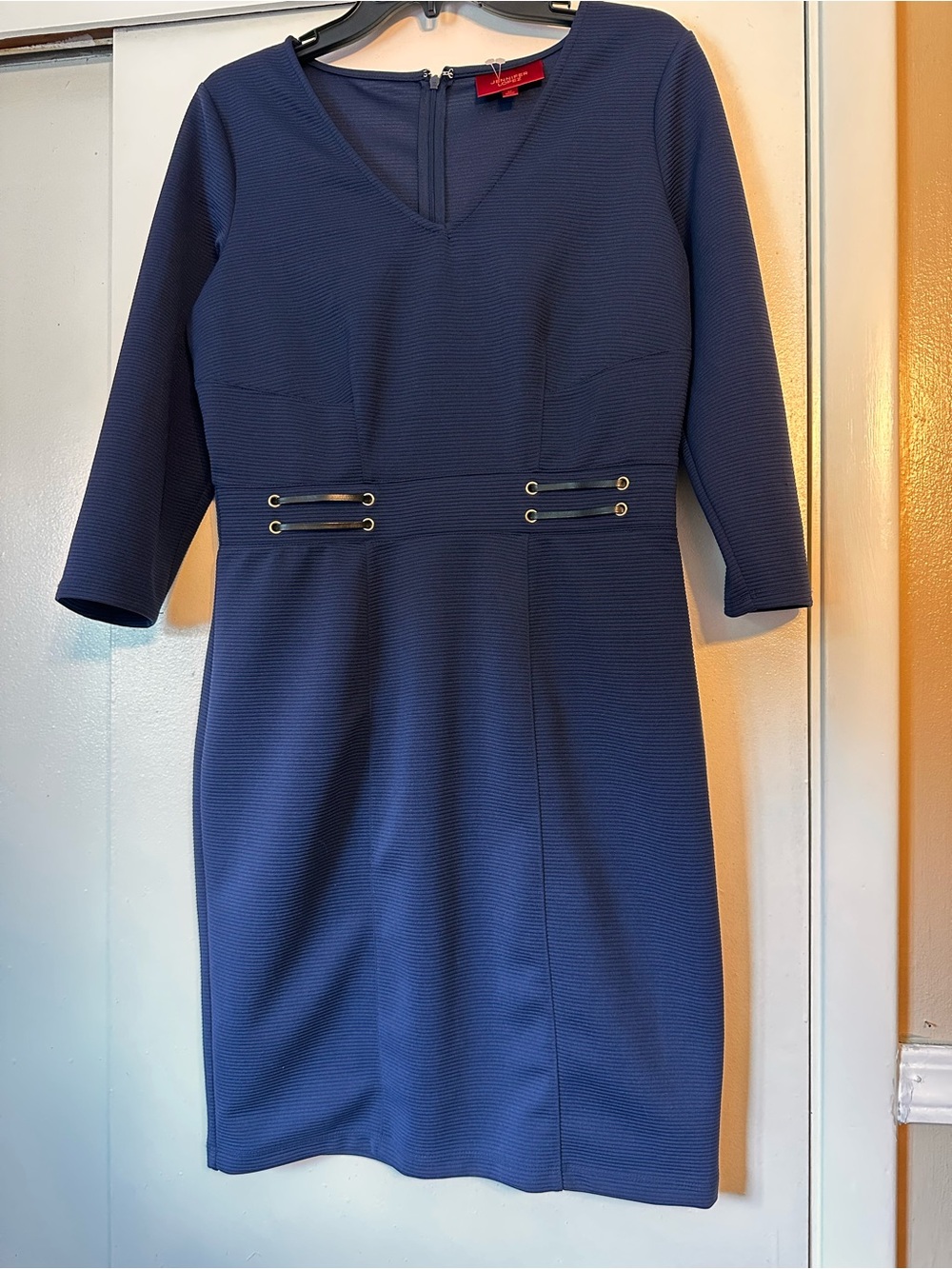 Jennifer Lopez Navy V-Neck Sheath Dress with Grommet Waist